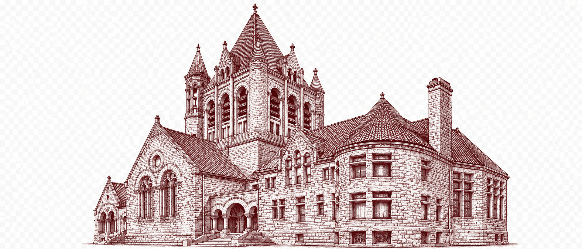 Burgundy line drawing of a historic Uniontown building